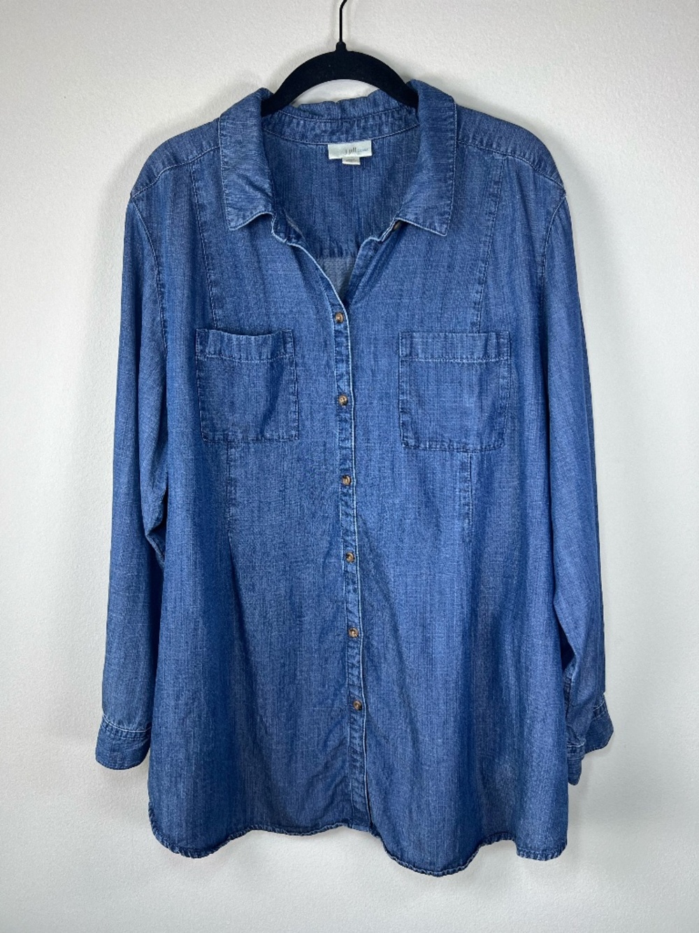 J.Jill Denim Button Up Chambray Shirt Blue Long Sleeve Pockets Lyocell Pleats 2X